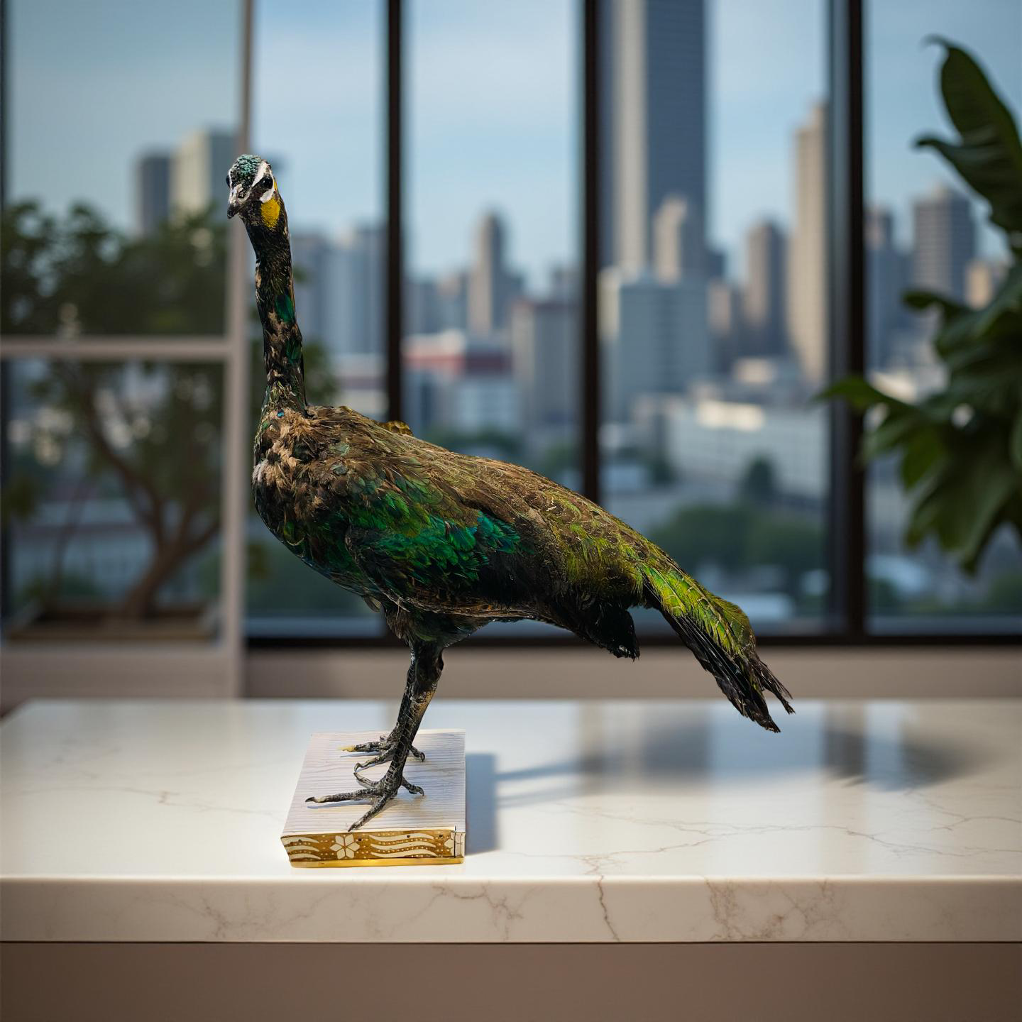 Original Stuffed Peacock on Wood Base