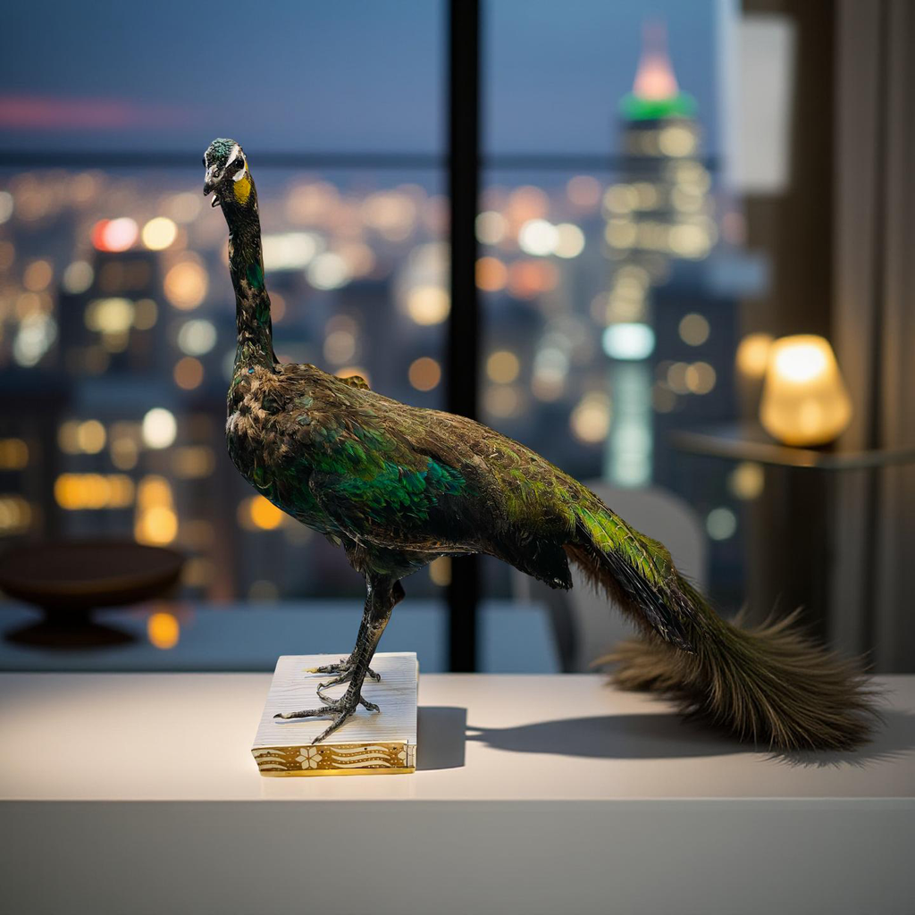 Original Stuffed Peacock on Wood Base
