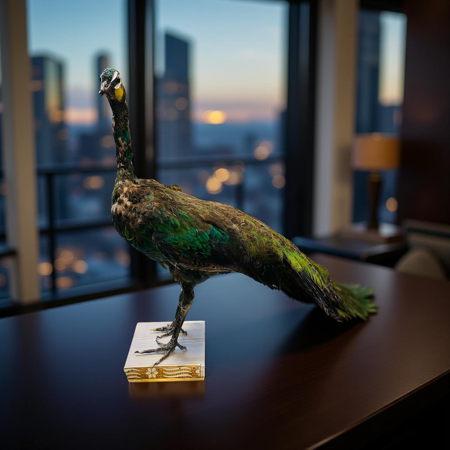 Original Stuffed Peacock on Wood Base