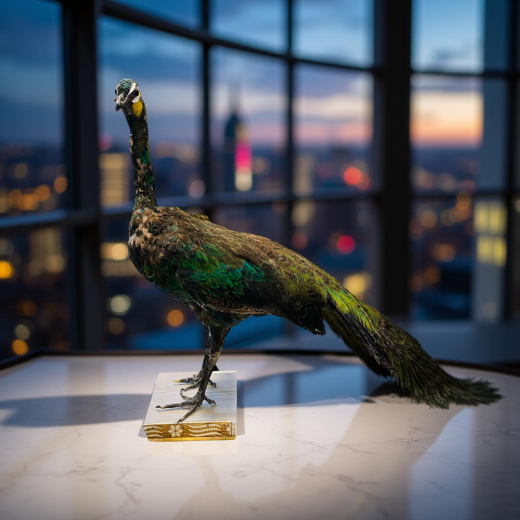 Original Stuffed Peacock on Wood Base