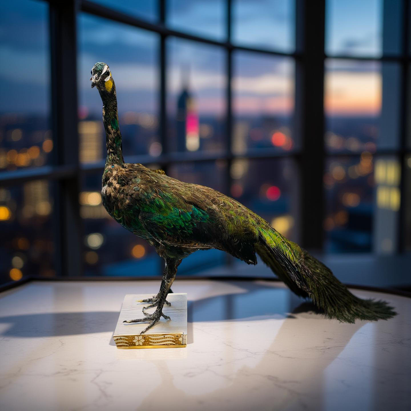 Original Stuffed Peacock on Wood Base