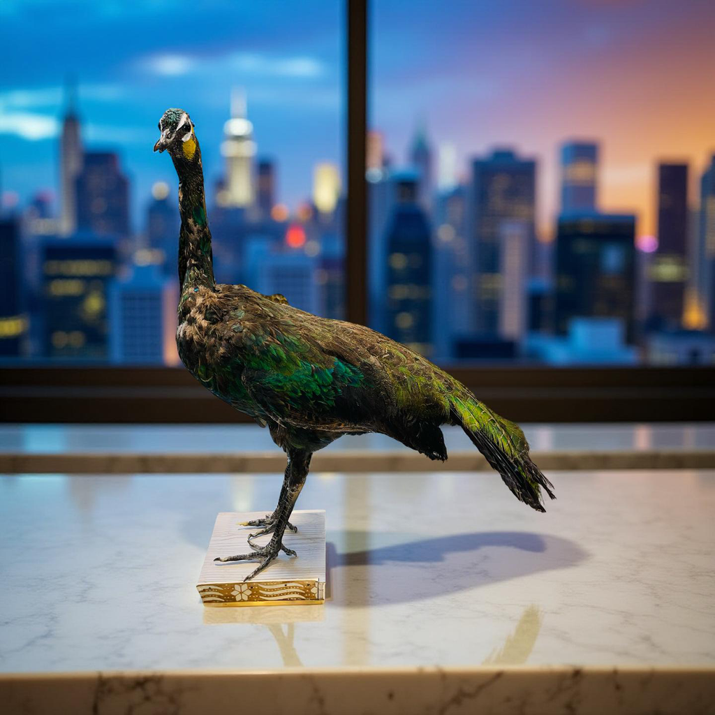 Original Stuffed Peacock on Wood Base