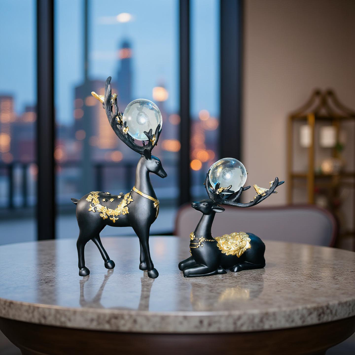 Regal Black & Gold Deer Figurine Set with Crystal Orbs