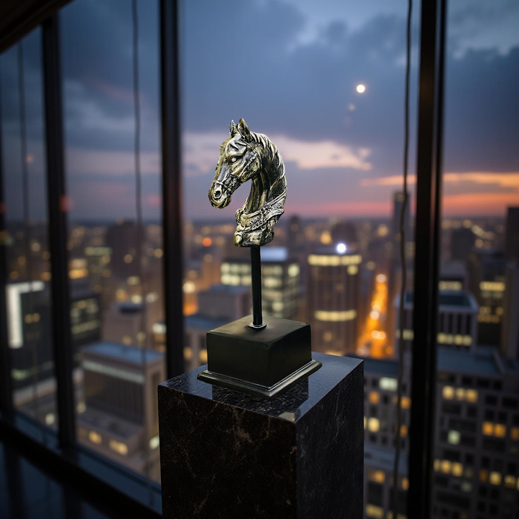 Majestic Steed – Brass Horse Head Sculpture on Stand