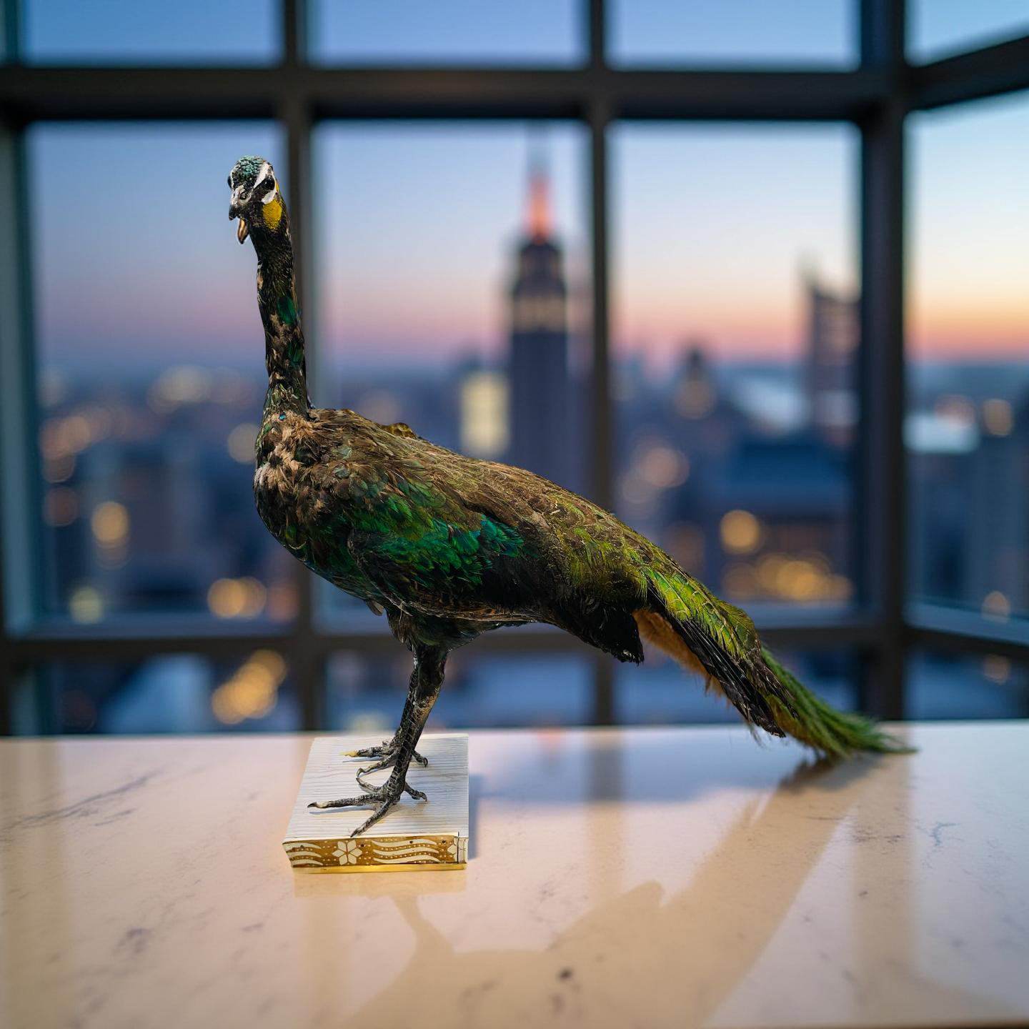 Original Stuffed Peacock on Wood Base