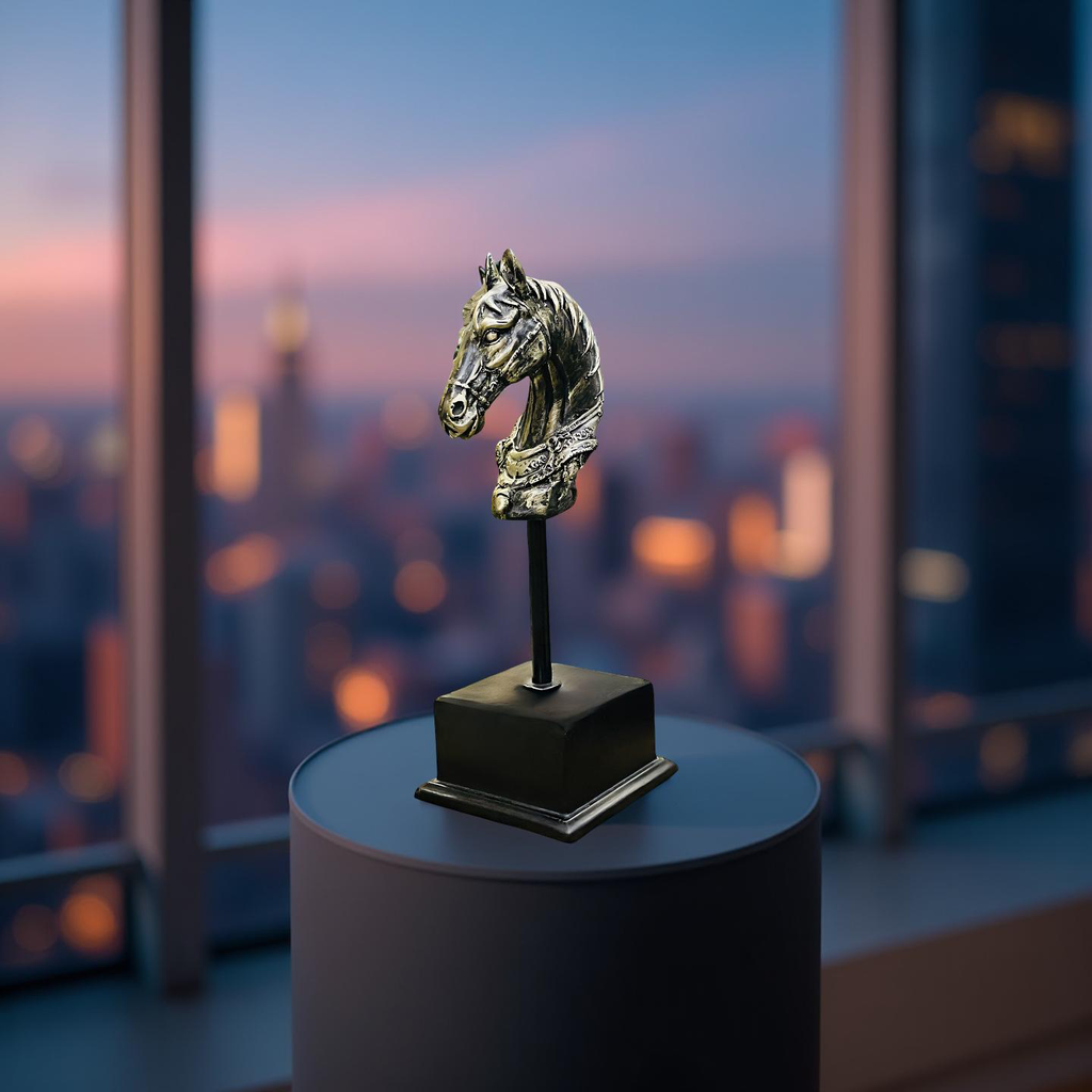Majestic Steed – Brass Horse Head Sculpture on Stand