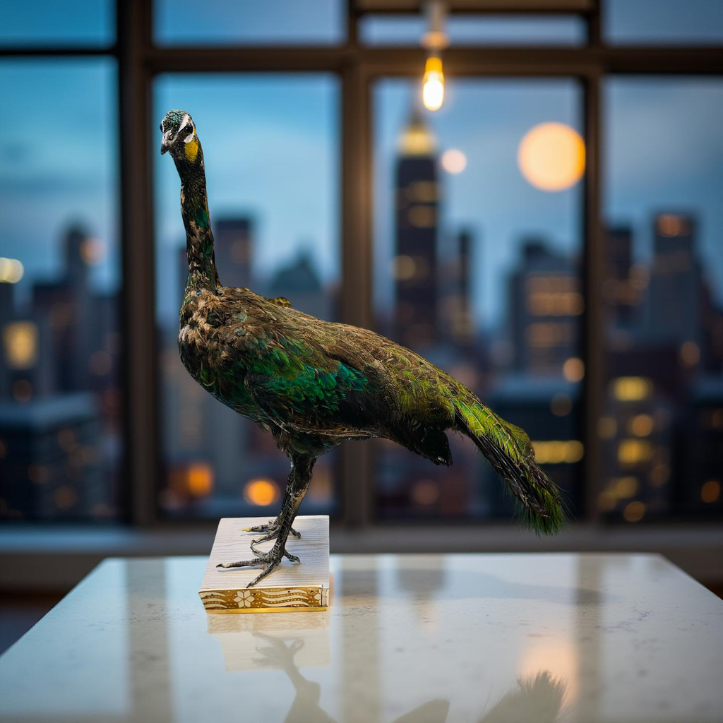 Original Stuffed Peacock on Wood Base