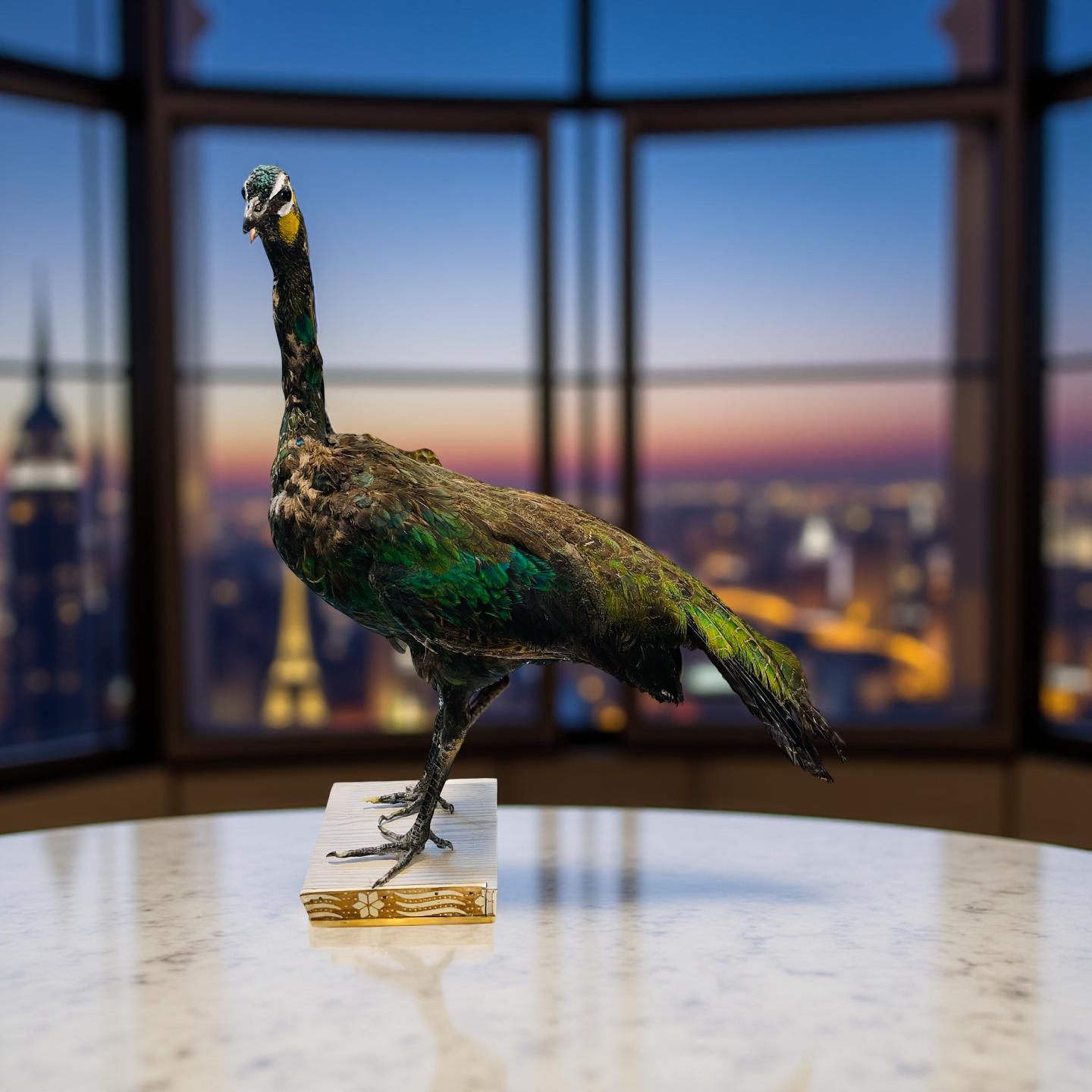 Original Stuffed Peacock on Wood Base