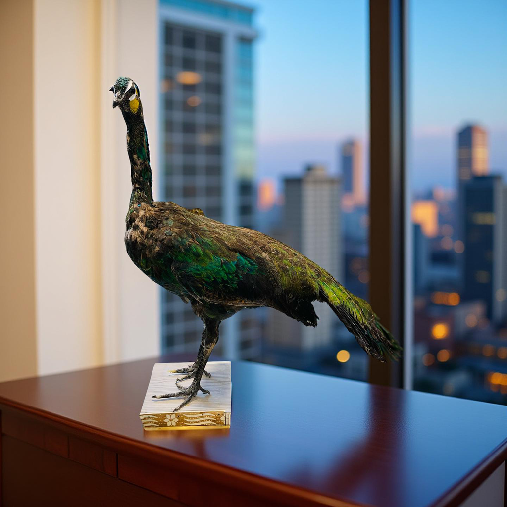 Original Stuffed Peacock on Wood Base