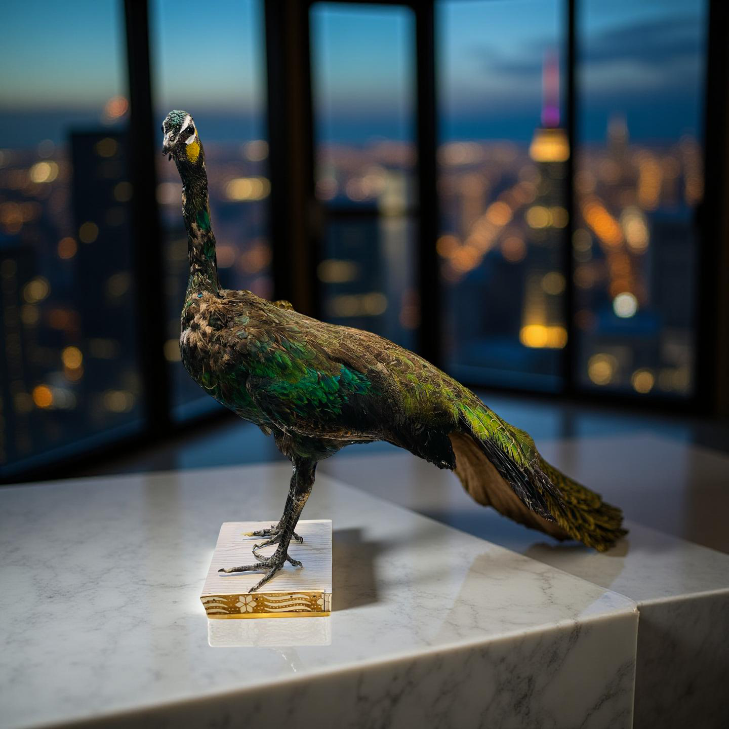 Original Stuffed Peacock on Wood Base