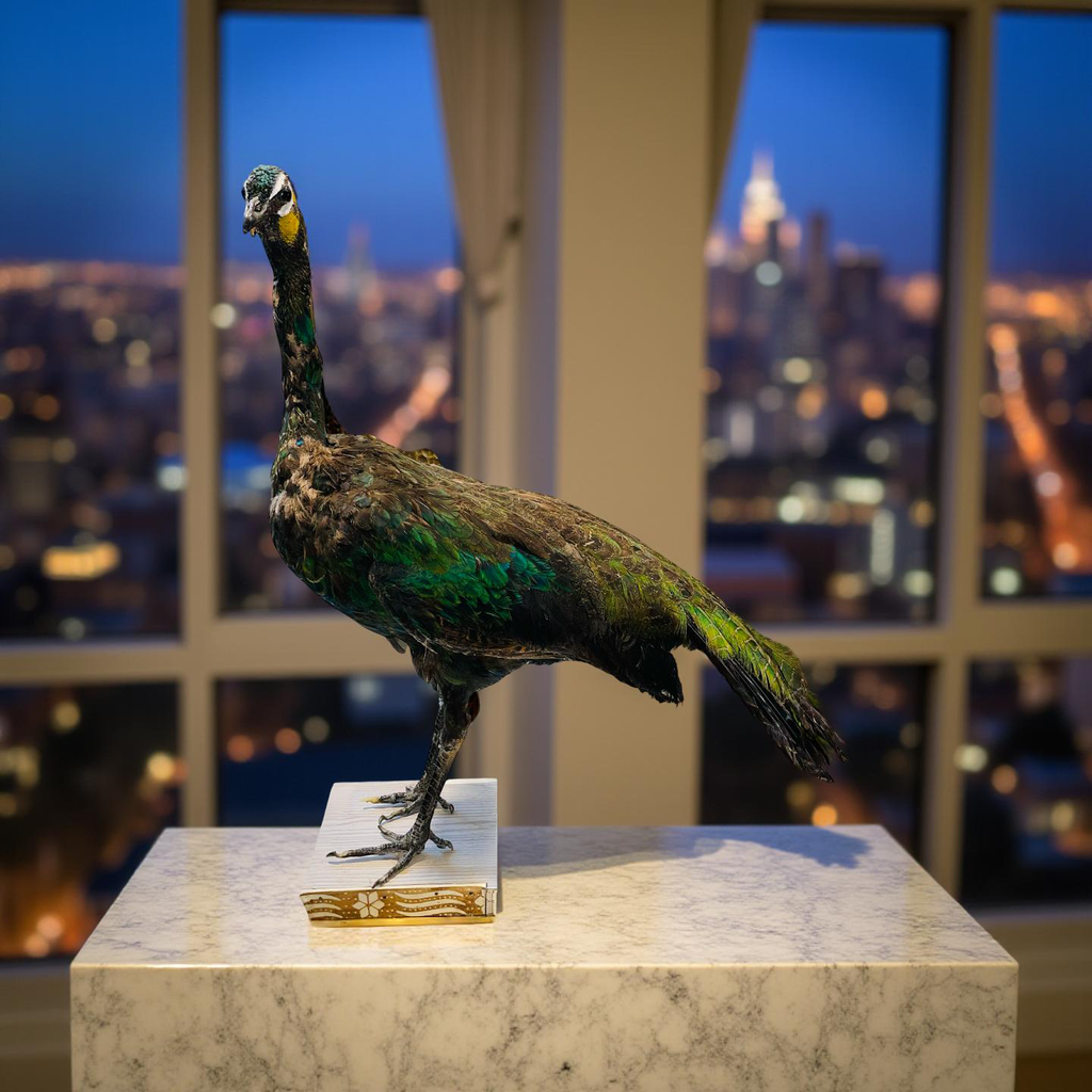 Original Stuffed Peacock on Wood Base