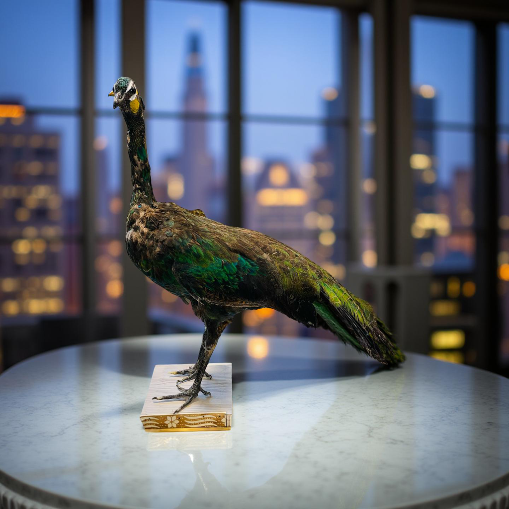 Original Stuffed Peacock on Wood Base