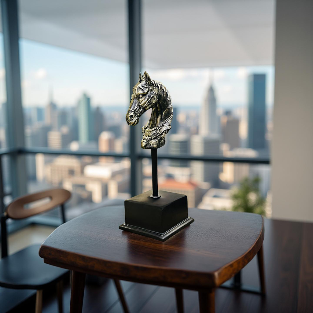 Majestic Steed – Brass Horse Head Sculpture on Stand